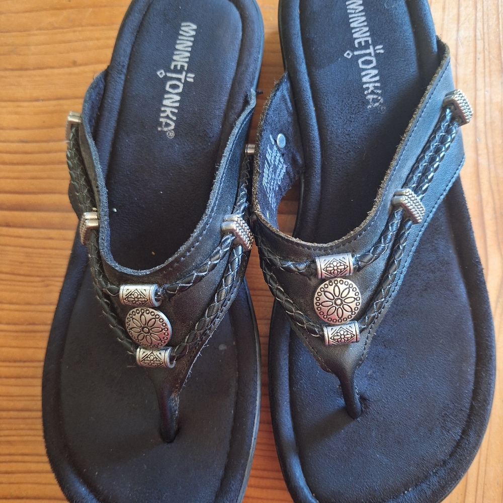Minnetonka Black Braided Thong Sandals with Decorative Silver Accents